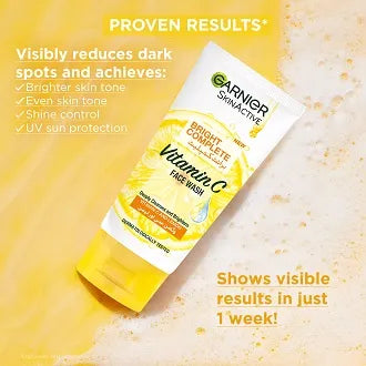 Garnier Bright Complete Vitamin C Face Wash 50ml | Salicylic Acid 0.2% + Yuzu Lemon + Vitamin C | Brightening, Acne, Pore Cleansing | International Brand | All Skin Types