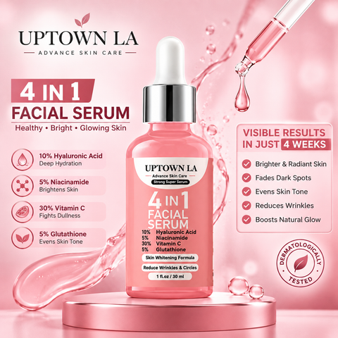 UPTOWN LA 4-in-1 Super Skin Glowing Serum | Niacinamide 5% + Vitamin C 30% + Vitamin E 10% + Hyaluronic Acid | Brightening, Dark Spots, Hydration | 30ml