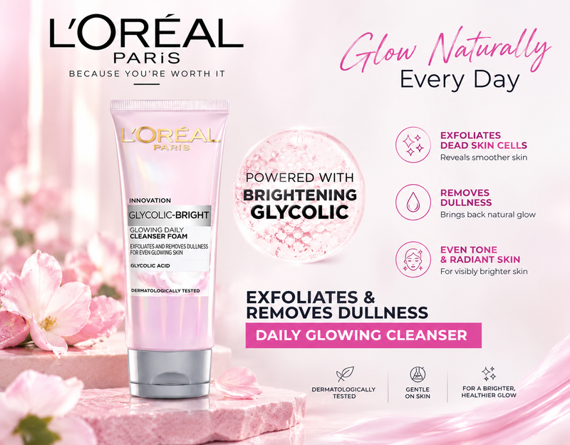 L'Oreal Paris Glycolic Bright Daily Face Wash 100ml | Glycolic Acid Exfoliating Cleanser | Brightening, Dark Spots, Glowing Skin | Dermatologist Tested | Asian Skin | All Skin Types