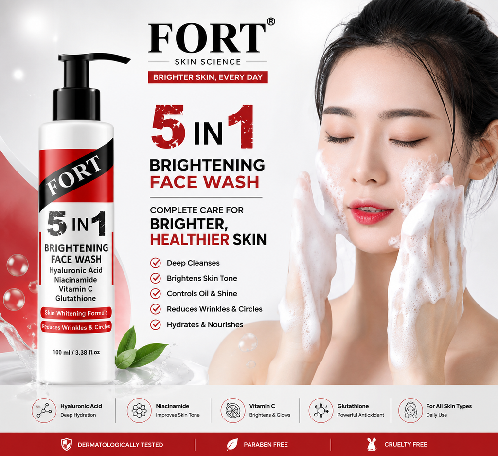 FORT 5-in-1 Whitening Face Wash 100ml | Brightening + Deep Cleansing + Hydration + Anti-Aging + Even Tone | Paraben-Free | Cruelty-Free | Dermatologist Tested | All Skin Types