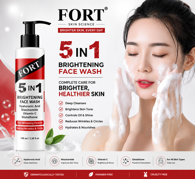FORT 5-in-1 Whitening Face Wash 100ml | Brightening + Deep Cleansing + Hydration + Anti-Aging + Even Tone | Paraben-Free | Cruelty-Free | Dermatologist Tested | All Skin Types