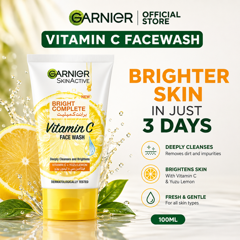 Garnier Bright Complete Vitamin C Face Wash 50ml | Salicylic Acid 0.2% + Yuzu Lemon + Vitamin C | Brightening, Acne, Pore Cleansing | International Brand | All Skin Types