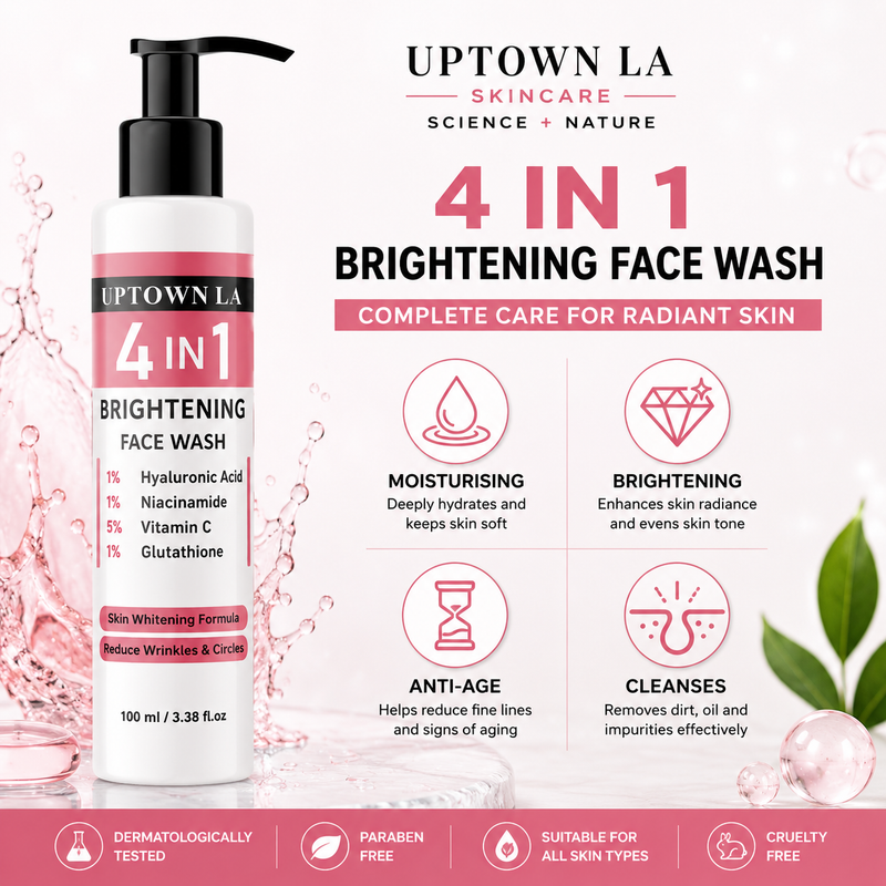 Uptown LA 4-in-1 Whitening Face Wash | Brightening + Deep Cleansing + Moisturizing + Anti-Aging | Amino Acids | Guava Scent | Milky Foam | Oily, Dry & All Skin Types