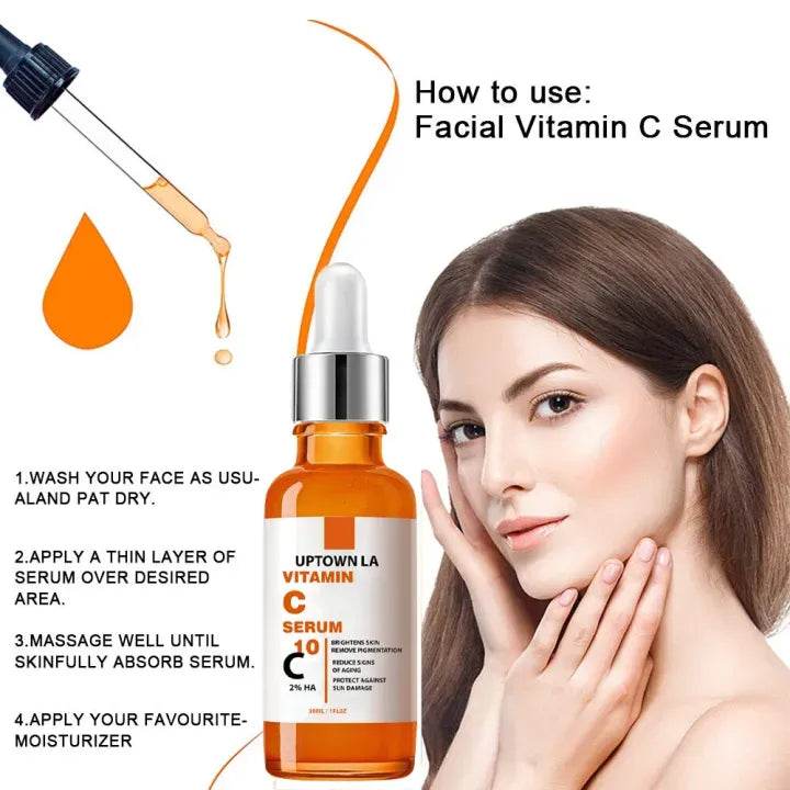 Uptown LA Vitamin C Brightening Face Serum | Anti-Aging | Dark Spots + Eye Area + Fine Lines + Wrinkles | Dermatologist Tested | All Skin Types | 30ml